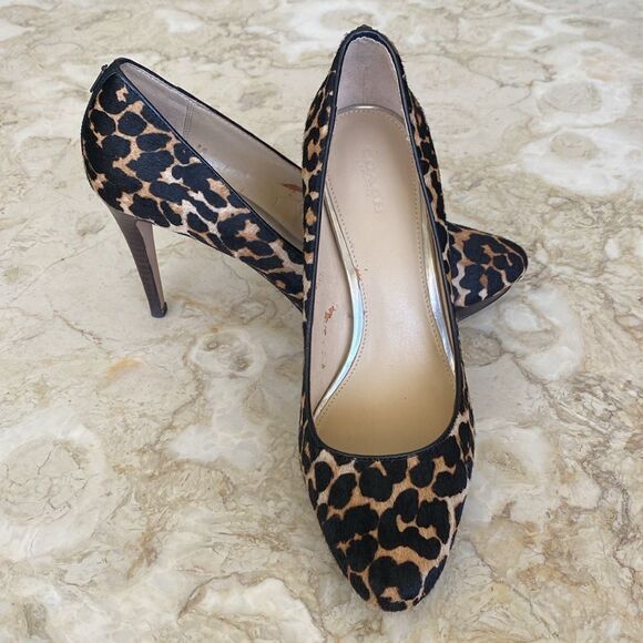 Coach Leather Leopard Print Pony Hair 4” Heels Platform Pumps - Picture 1 of 16